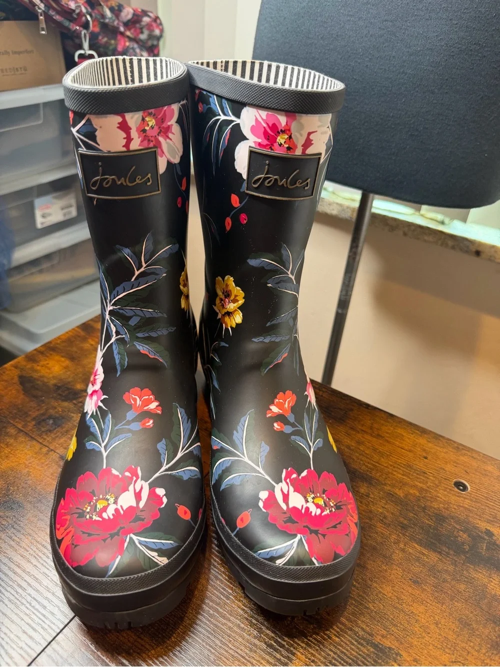 Joules Women's Black Floral Rain Boots - Pink & Yellow Flowers Size 11